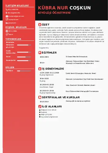 Biyoloji Öğretmeni CV Örnekleri cv indir
